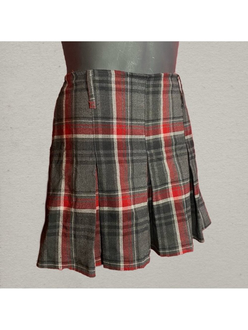 Handmade Grey, Red, Black Plaid Pleated Mini Skirt – 31” Waist